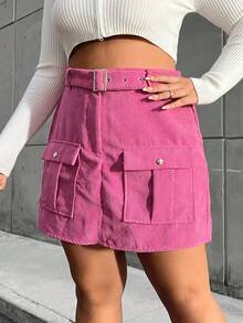 Flirla 大碼翻蓋口袋腰帶工裝裙