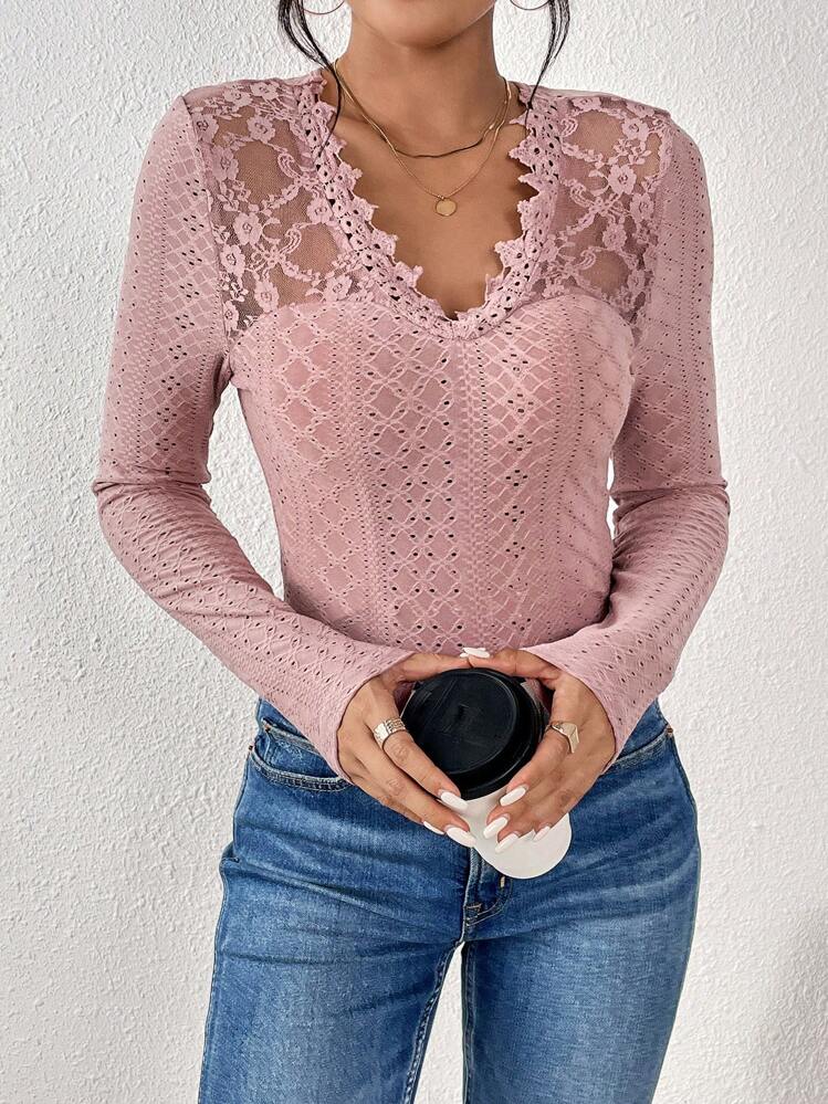 SHEIN Frenchy Áo thun nữ tay dài cổ chữ V phối ren tương phản thanh lịch - Bụi hồng - Xem 5