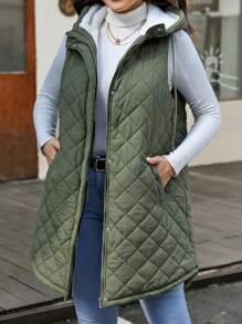 SHEIN LUNE Hơn Dây kéo Dây rút áo có mũ Áo khoác vest quilted - xanh quân đội - Xem 4