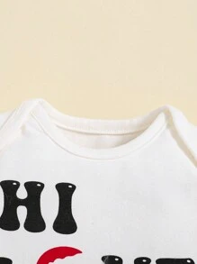 SHEIN Newborn Baby Boys' Long Sleeve Shoulder Overlap Bodysuit With Letter Pattern - White - View 4