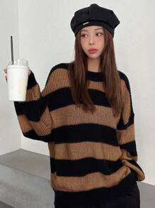 DAZY Striped Pattern Drop Shoulder Oversized Sweater,Long Sleeve Tops,Fall Clothes - Multicolor - View 2