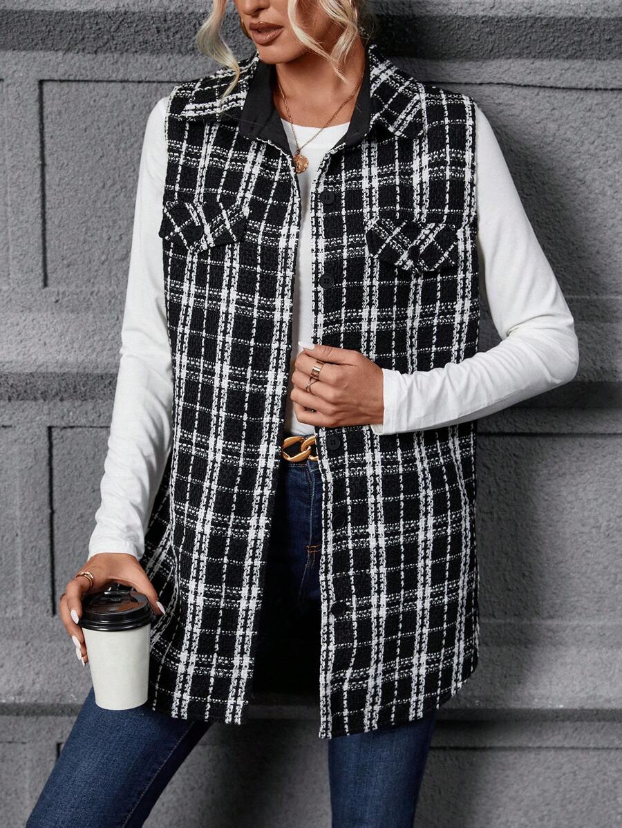 SHEIN LUNE Plaid Pattern Flap Detail Tweed Vest Overcoat - Black and White - View 1
