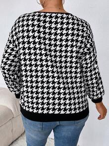 SHEIN CURVE+ Plus Houndstooth Print Drop Shoulder Sweatshirt - Black - View 2