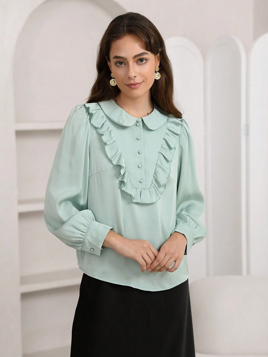 SHEIN Privé 荷葉邊前紐扣襯衫 - 綠色 - 查看 1