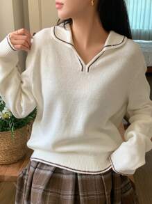 DAZY Viền tương phản Thả vai Áo len - Màu be - Xem 6