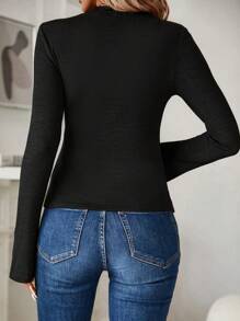 SHEIN Clasi 拉鏈開襟小高領T恤 - 黑色 - 查看 2