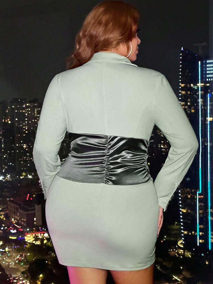 Plus Lapel Neck Hook And Eye Colorblock Ruched Waist Blazer Dress