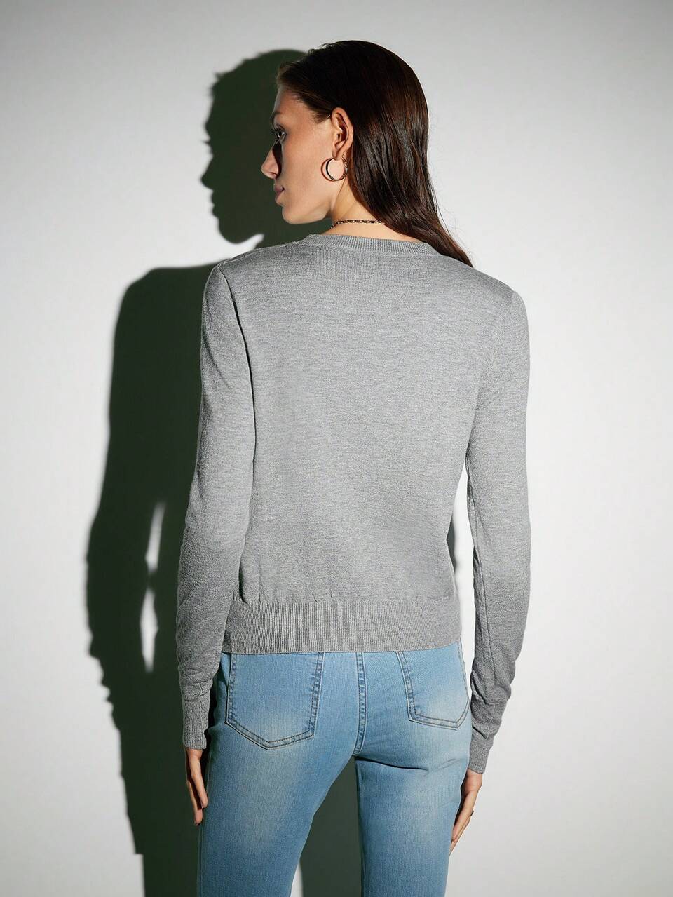 Button Cuff Round Neck Sweater,Fall Women Clothes