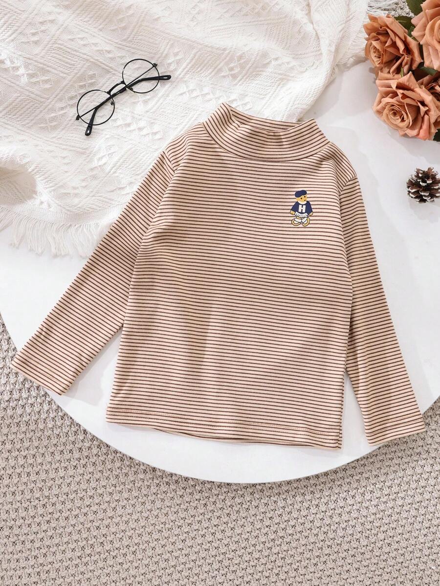 Young Boy Striped & Bear Print Mock Neck Tee - Khaki - View 1