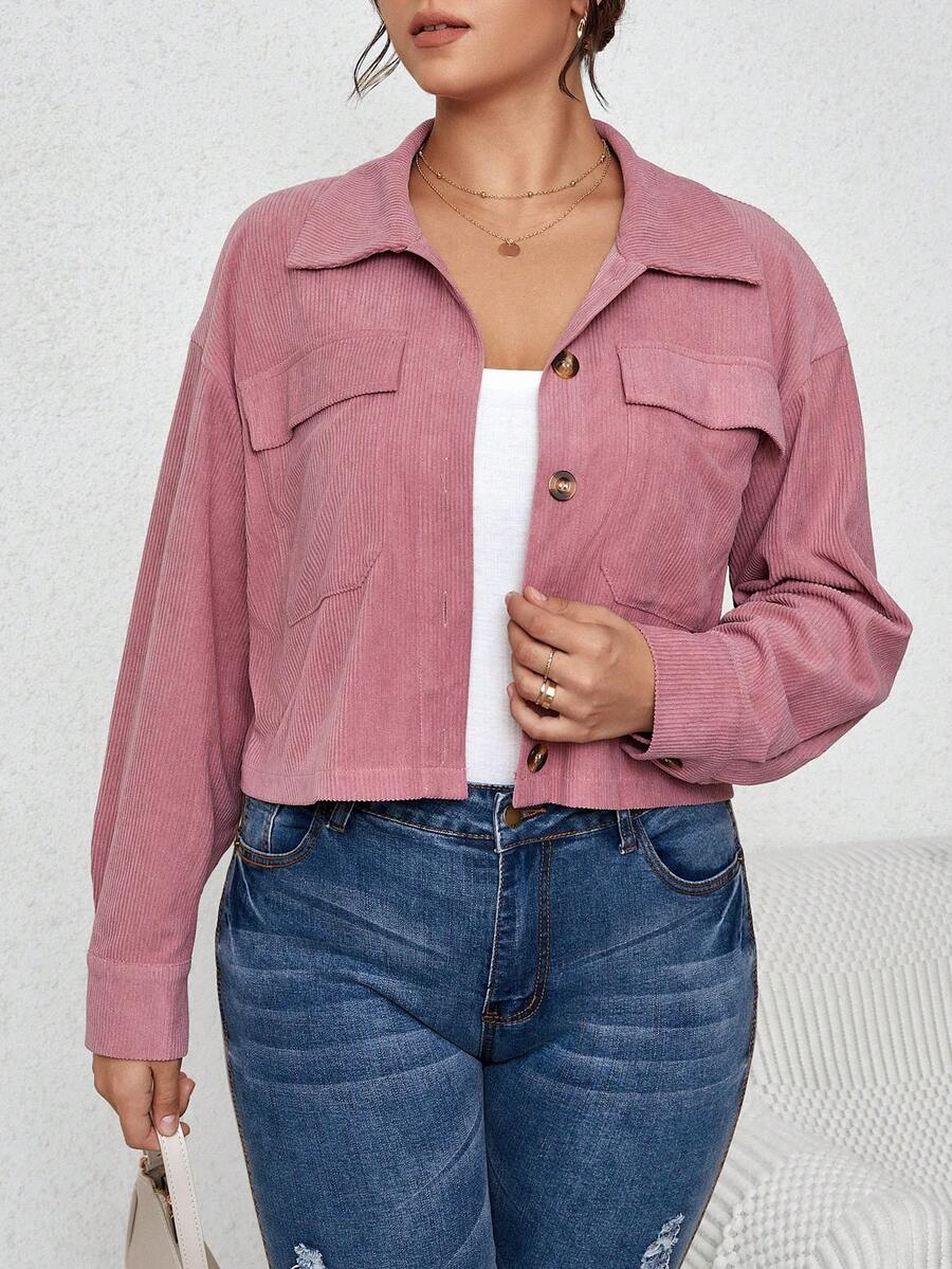 SHEIN Franclia 大碼翻蓋口袋落肩袖燈芯絨夾克 - 粉色 - 查看 1