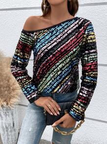 SHEIN Unity 女式不对称领口亮片衬衫派对单肩上衣 - 彩色 - 查看 3