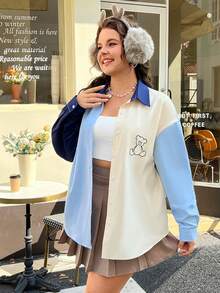 SHEIN EZwear Plus Size Fall/winter Colorblock Teddy Bear Embroidery Shirt - Multicolor - View 4