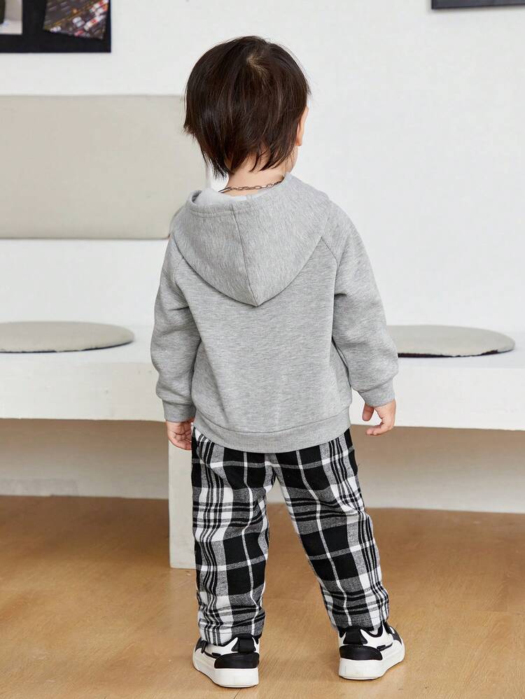Baby Boy Letter Graphic Thermal Lined Hoodie & Plaid Pants
