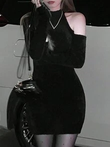 女士纯色露肩性感约会夜必备毛衣连衣裙 - 黑色 - 查看 4