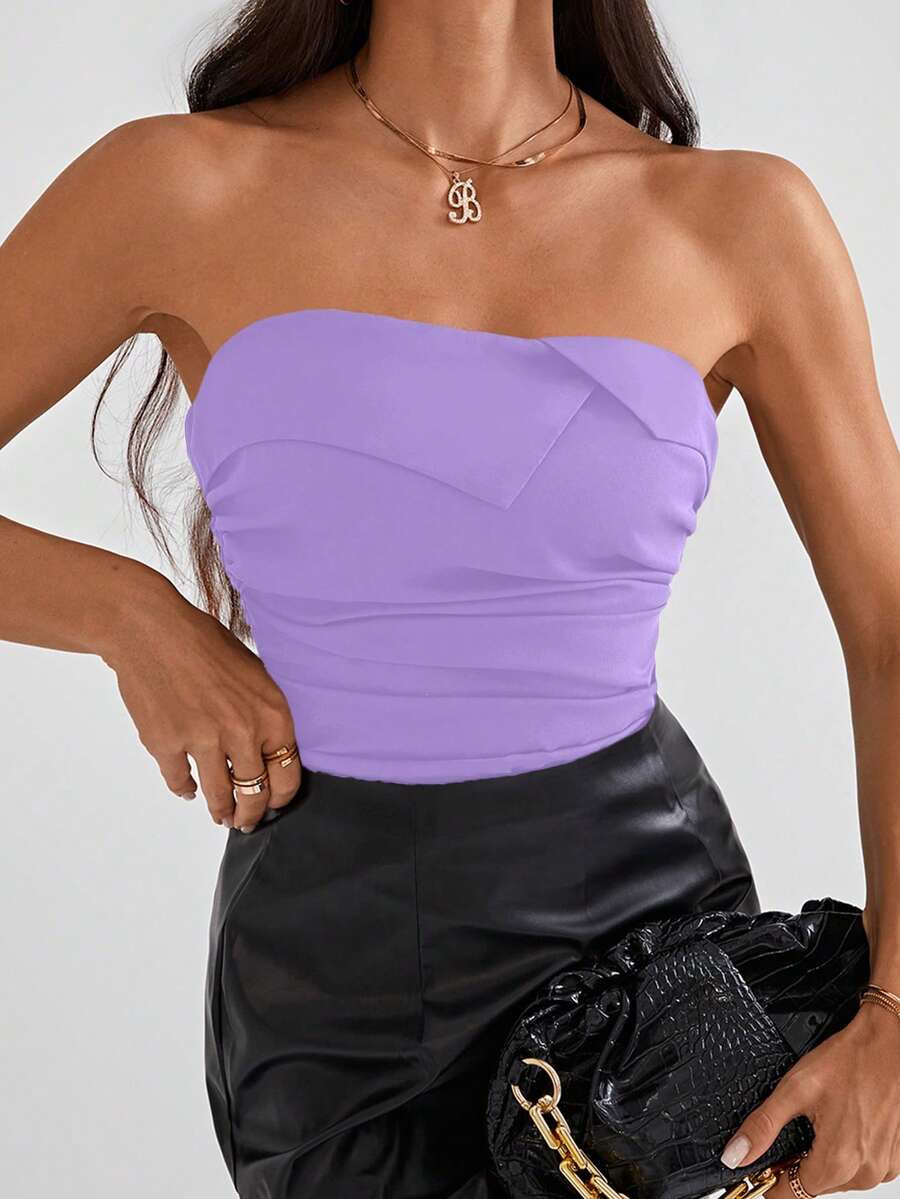 SHEIN Privé Concert Solid Ruched Tube Top - Purple - View 1