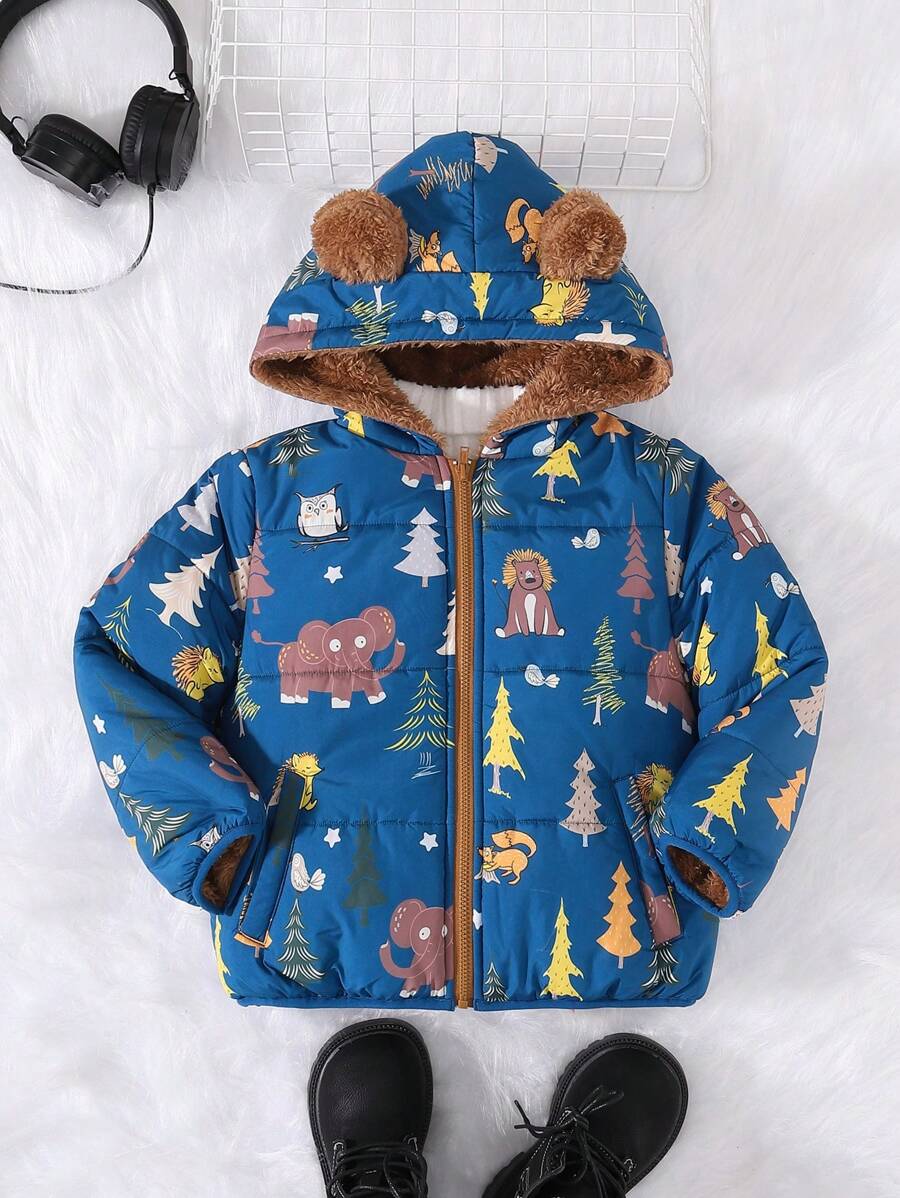 SHEIN 1 peça jaqueta acolchoada com forro quente e grosso para meninos, fofa, solta, desenho animado, animal e árvore, versátil e confortável para o inverno