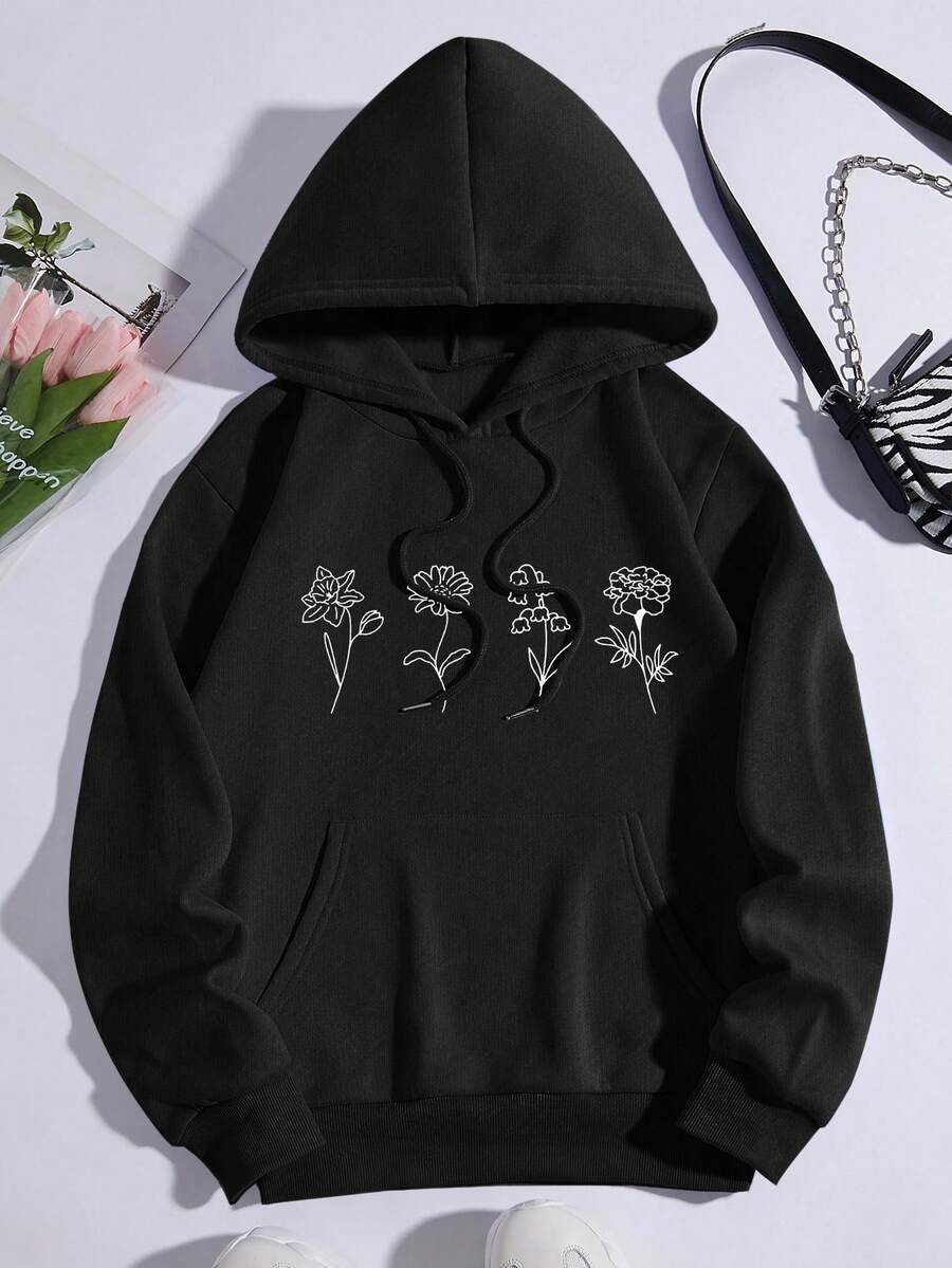 SHEIN EZwear Plus Floral Print Kangaroo Pocket Drawstring Thermal Hoodie - Black - View 1