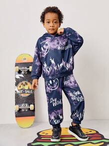 Young Boy Casual Loose Tie Dye Flame & Smiling Face Hoodie Sweatshirt With Knitted Pants Set, Fleece Thickened