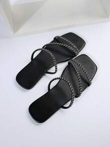 Women'S Outdoor Square Toe Slippers, Fashionable With Black Color, Multiple Strips, Rhinestone And Flat Heels, Providing High-End Sensation - Black - View 7