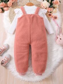 SHEIN Young Girl Mock Neck Tee & Cartoon Embroidery 3D Ears Design Teddy Overalls - Pink - View 2