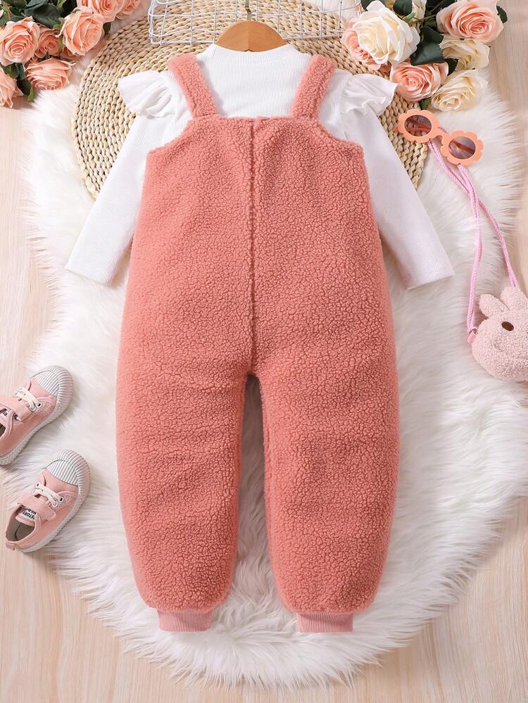 Young Girl Mock Neck Tee & Cartoon Embroidery 3D Ears Design Teddy Overalls