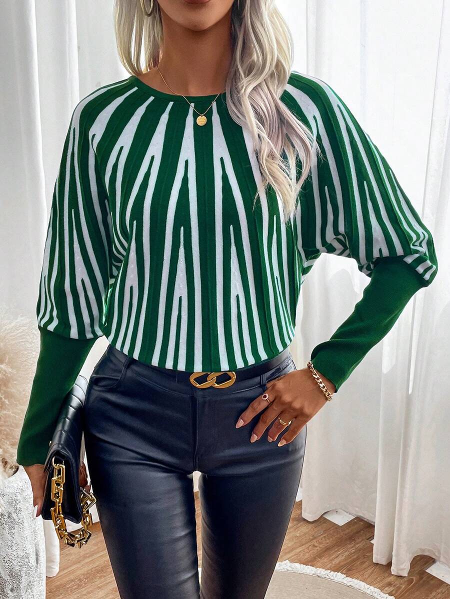 SHEIN LUNE 圖形圖案蝙蝠袖套頭毛衣 - 綠色 - 查看 1