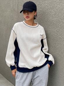 Dazy Star Letter Graphic Contrast Piping Drop Shoulder Sweatshirt - Beige - View 4