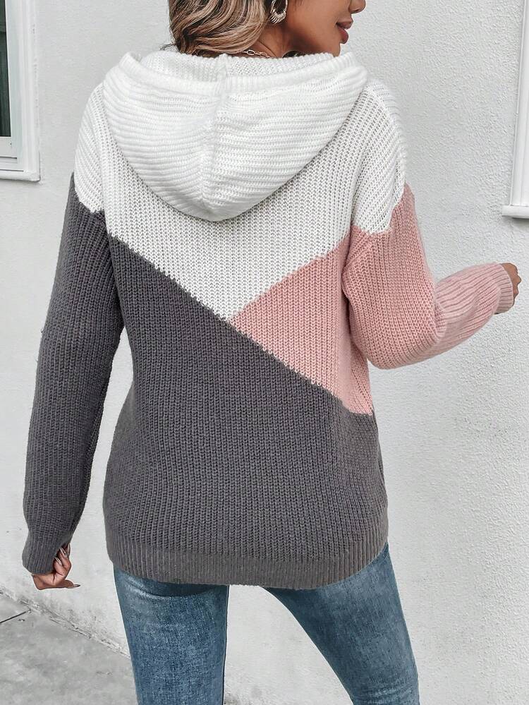 Colorblock Half Button Drawstring Hooded Drop Shoulder Knit Pullover Fall Winter Sweater