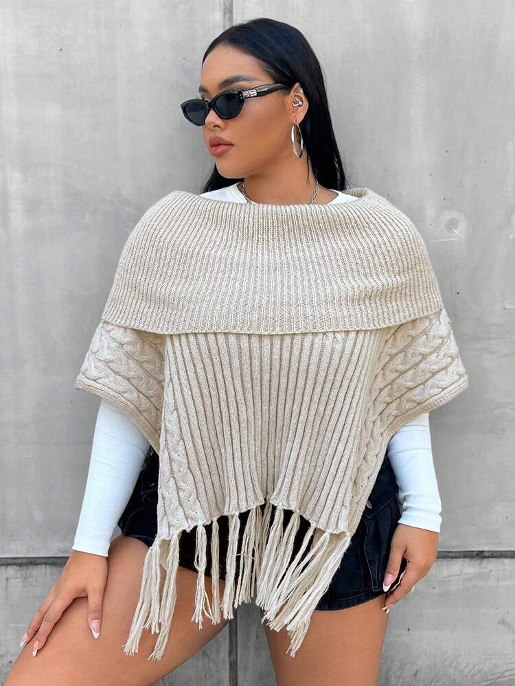 Plus 1pc Foldover Off Shoulder Fringe Hem Batwing Sleeve Poncho Sweater Knit Pullover Fall Winter Sweater