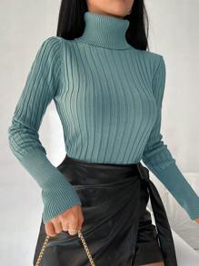 EURMUSE Jersey unicolor de cuello cisne tejido de canalé - verde menta - Ver 1