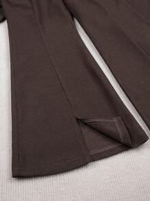 SHEIN Tween Girl Letter Graphic Hooded Jacket & Flare Leg Pants & Tank Top - Khaki - View 8