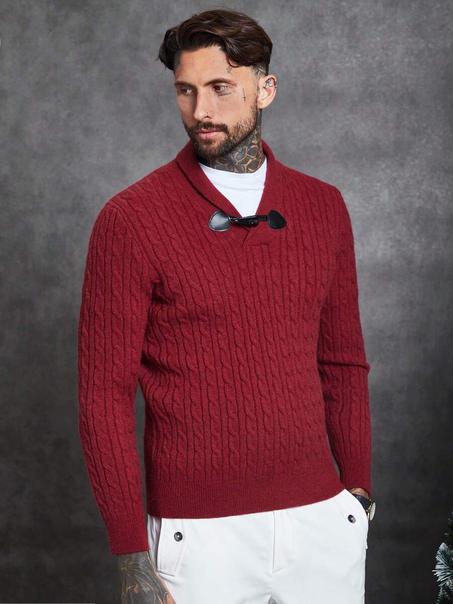 Manfinity VCAY 1入組男士前紐扣麻花編織套頭毛衣 - 酒紅色 - 查看 1