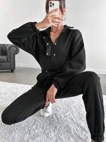 EURMUSE Solid Drop Shoulder Shirt Jumpsuit - Black - View 6