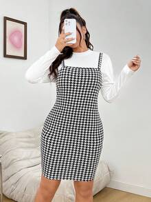 SHEIN EZwear Plus Size Women's Knit White Ribbed T-shirt And Houndstooth Printed Dress Two Pieces Set - Black and White - View 5