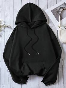 SHEIN EZwear 大码花卉标语图案落肩卫衣 - 黑色 - 查看 2