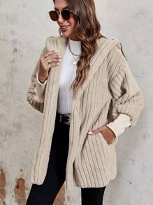 SHEIN Essnce Drop Shoulder Hooded Open Front Teddy Coat - Apricot - View 4