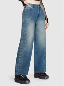 ROMWE Grunge Punk Straight Leg Denim Jeans With Cross Print - Blue - View 2