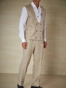 Calvornis Men Plus Plaid Double Breasted Vest Blazer & Suit Pants Without Shirt - Mustard Yellow - View 4