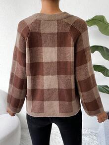 SHEIN Essnce Hoa văn kẻ sọc Xoắn Dan Nút phía trước Áo len Mở - Màu nâu  Mocha - Xem 2