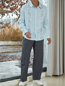 Manfinity Homme Men's Plus Size Flower Print Shirt And Pants Set - Baby Blue - View 1