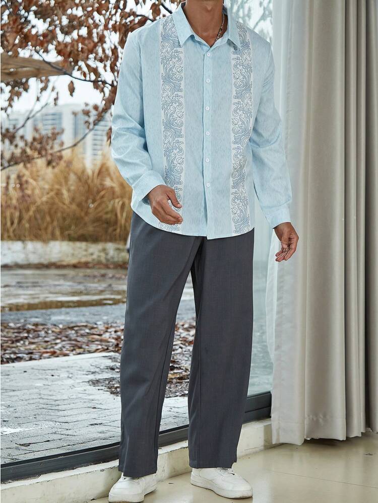 Men's Plus Size Flower Print Shirt And Pants Set