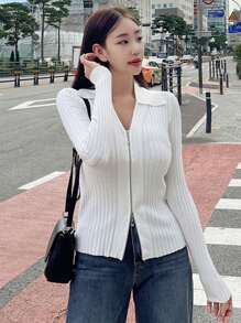 DAZY Solid Zip Up Ribbed Knit Cardigan Jacket - White - View 6