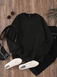 SHEIN Unity 花卉和標語圖案保暖襯裡運動衫 - 黑色 - 查看 2