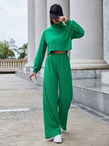 SHEIN Essnce High Neck Drop Shoulder Crop Sweatshirt & Wide Leg Pants - Green - View 2