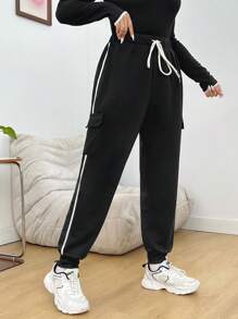 SHEIN EZwear 女士黑色針織撞色織帶卫裤 - 黑與白 - 查看 1