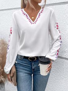 SHEIN LUNE 花卉刺繡燈籠袖襯衫