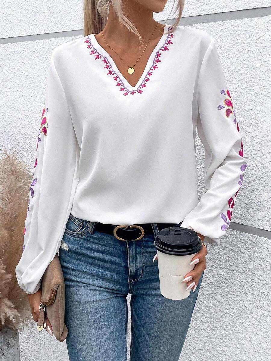 SHEIN LUNE 花卉刺繡燈籠袖襯衫