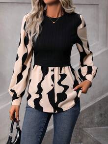 SHEIN LUNE Graphic Print Lantern Sleeve Peplum 2 In 1 Blouse - Black - View 3