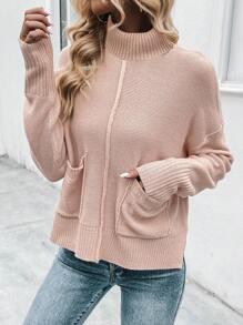 SHEIN LUNE 高领落肩口袋拼接针织套头衫秋冬毛衣 - 藕粉色 - 查看 3