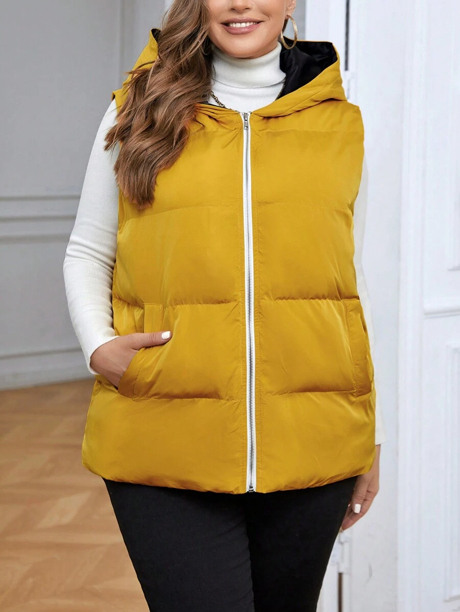 SHEIN LUNE Áo vest mùa đông có mũ trùm đầu cỡ lớn - Màu vàng - Xem 1
